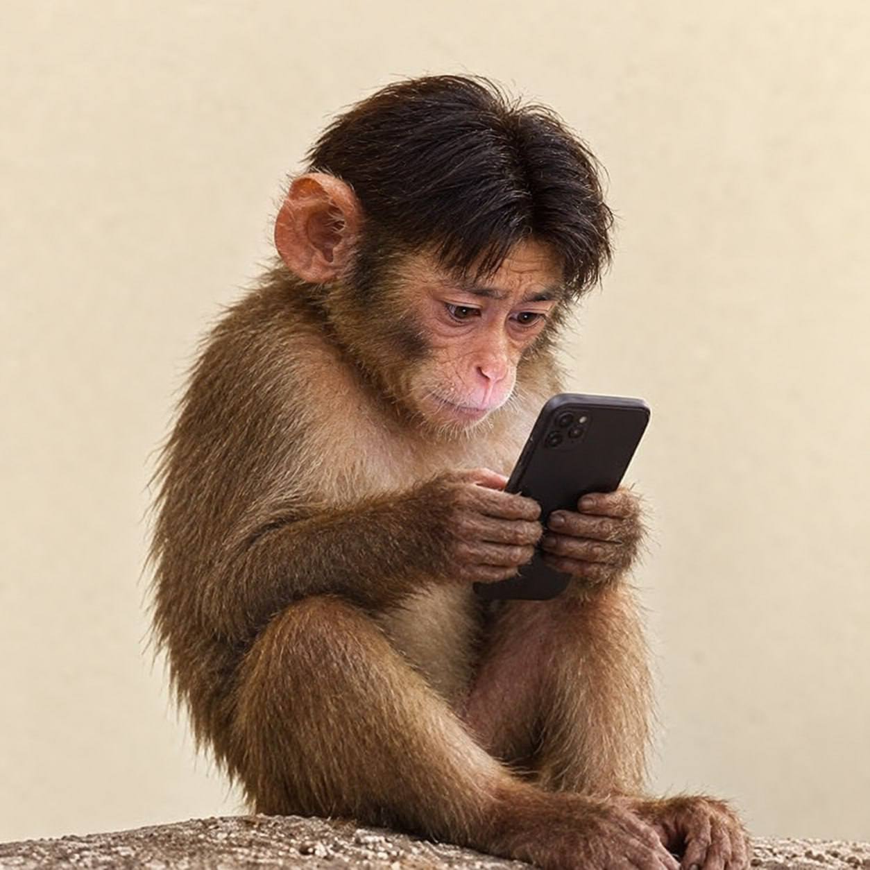 A shaggy brown monkey with a thick black hairstyle absorbed in his smartphone