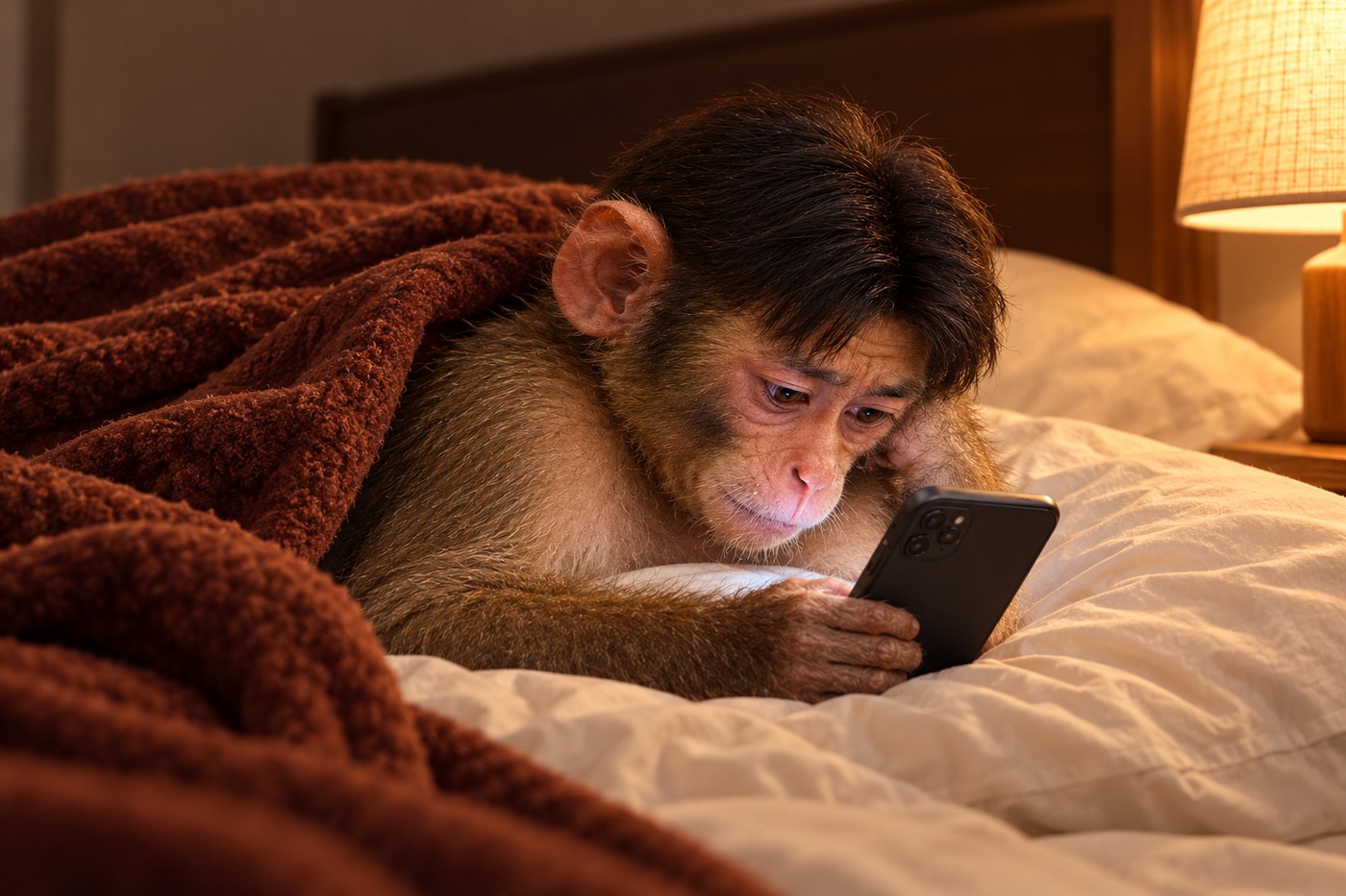 Kimchifone stays awake in bed staring at his phone beside a warm lamp