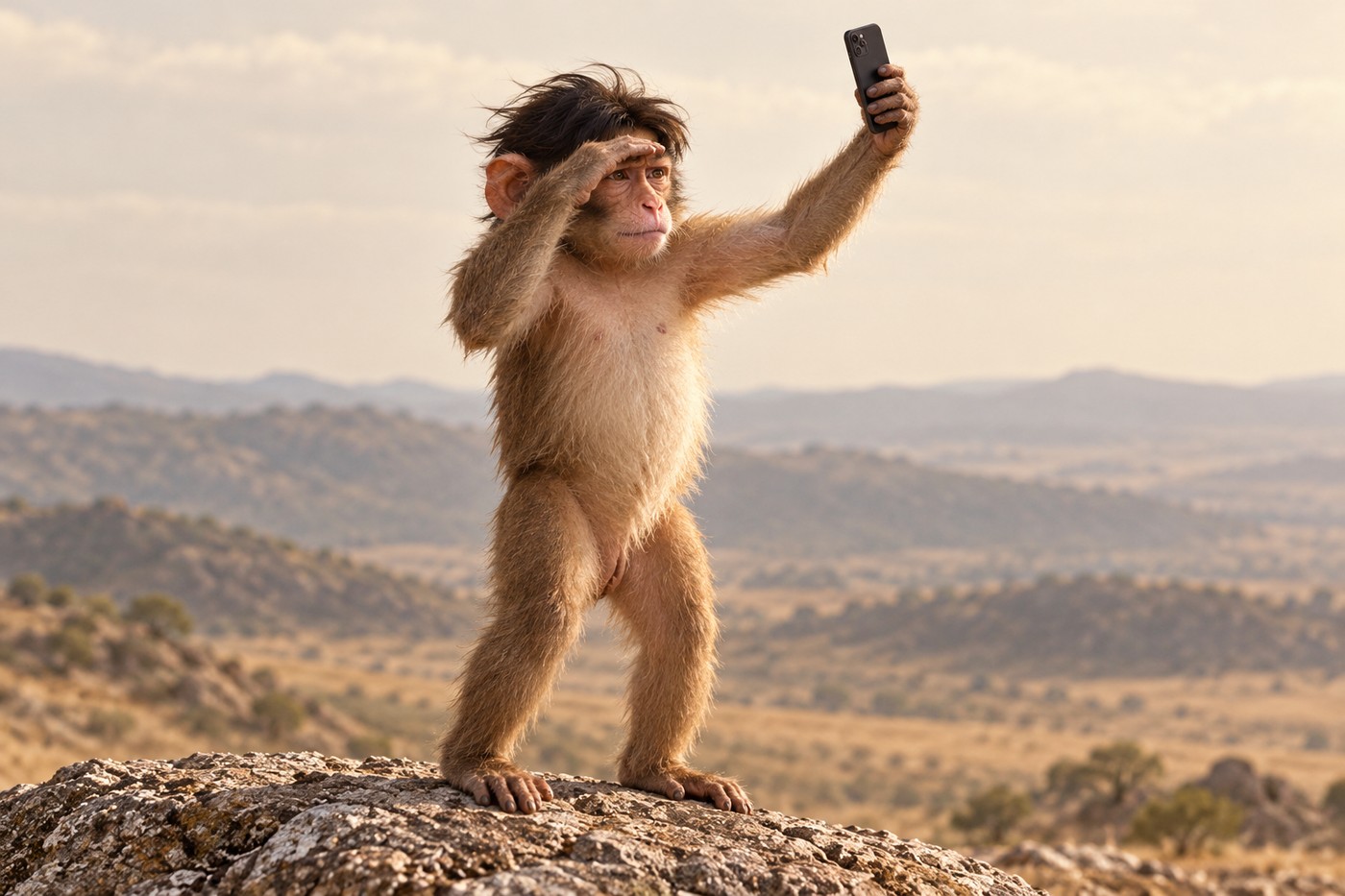 Kimchifone holds his phone high on a rocky hill searching for signal