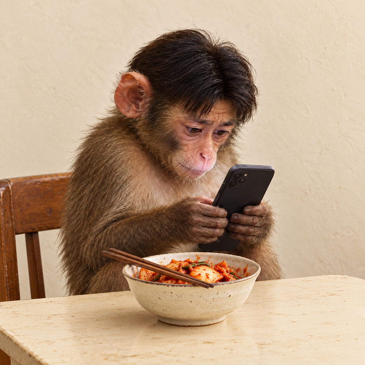 Kimchifone ignores a bowl of kimchi to stare at his phone